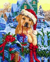 Щенок с подарками у заснеженного домика