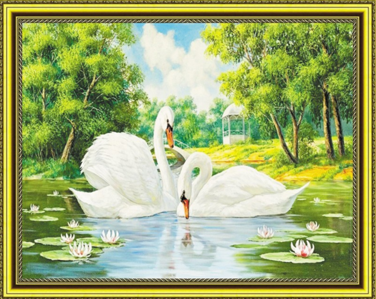 Алмазная мозаика 40x50 Белые лебеди на красивом озере