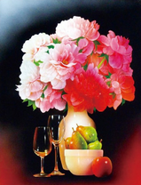 Букет пионов, вино и груши