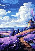 Сине-фиолетовый пейзаж с мельницей